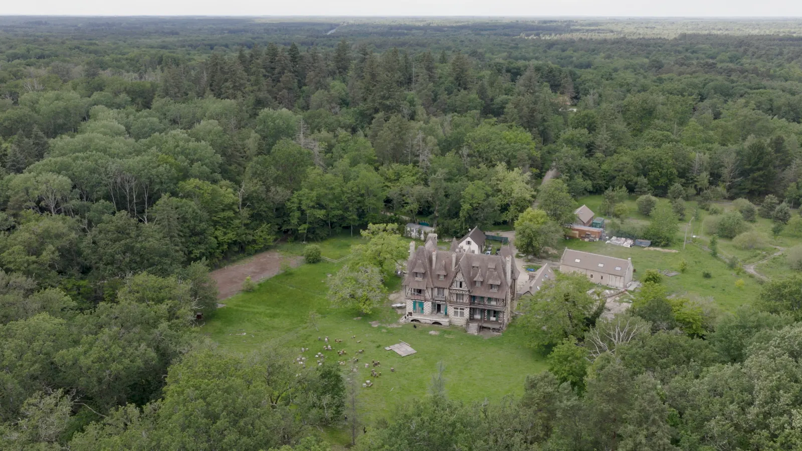 La Papinière : le manoir au milieu des bois, vu du ciel